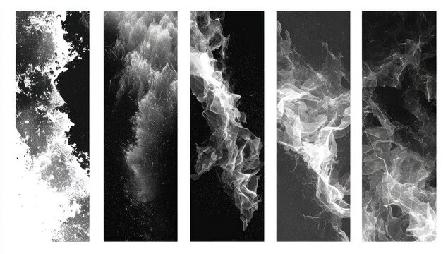 Abstract monochrome textures, five vertical panels of flowing forms