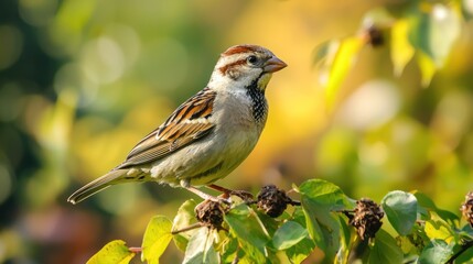 A sparrow perched on a branch with green leaves, with a blurred background of yellow and green foliage.