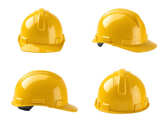 Multiple yellow construction hats offering protection in diverse perspectives isolated transparent