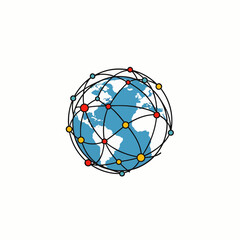 A stylized globe encircled by a network of interconnected lines and colorful nodes, representing global communication, digital technology, and worldwide connection.