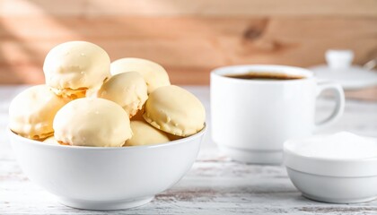 White-chocolate-covered cookies in a bowl with a cup of coffee and sugar