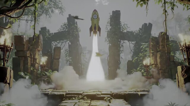 A cartoon-style yellow rocket launching from ancient ruins amid fog, flanked by lit torches and overgrown with vines, offering a unique blend of adventure and mystery.