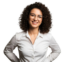 Smiling woman with curly hair wearing glasses and a white blouse confidently poses for a professional portrait transparent background