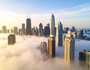 Fototapeta premium Cityscape sunrise with fog, and skyscrapers.