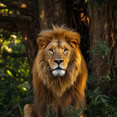 Fototapeta premium Majestic Male Lion with Golden Mane in Nature