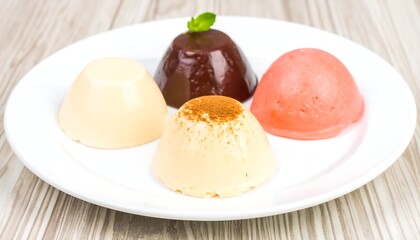 Four creamy dome-shaped desserts on a white plate, two light and two dark, garnished with mint