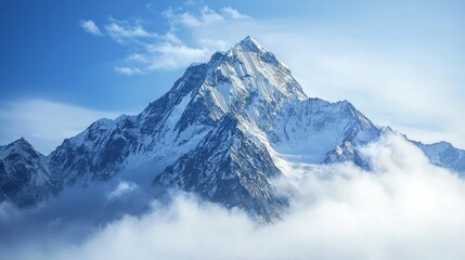 A majestic snow-capped mountain peak rising above the clouds, with jagged peaks and a clear blue sky in the background.