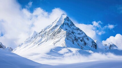 A majestic snow-covered mountain peak with jagged peaks and snow-covered slopes under a clear blue sky with scattered clouds.