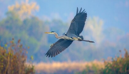 Obraz premium A large grey bird with broad wings soars gracefully against a soft, blurred backdrop of hazy autumn foliage