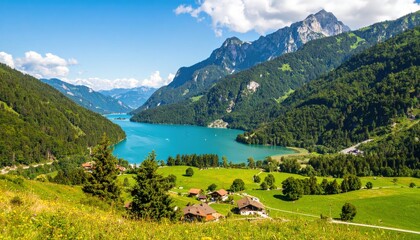 Fototapeta premium Turquoise lake nestled amidst lush green valley, with mountains and charming village