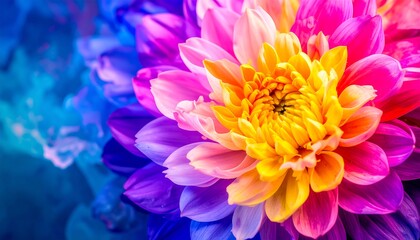 Vibrant close-up of a dahlia flower showcasing a spectrum of vivid colors, including pinks, purples, blues, and yellows, against a backdrop of colorful smoke.