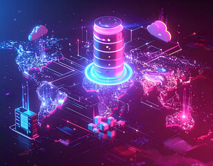 Global Data Network Futuristic illustration of interconnected servers, cloud computing, and data transfer