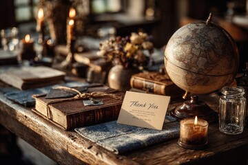 A rustic wooden desk with a globe, books, and a thank-you card illuminated by soft candlelight