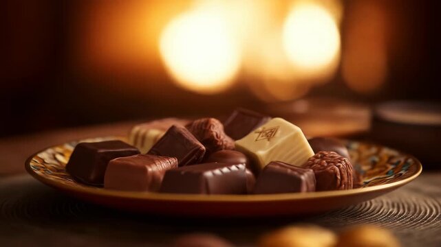 Assorted chocolates on plate near fireplace, cozy warm setting