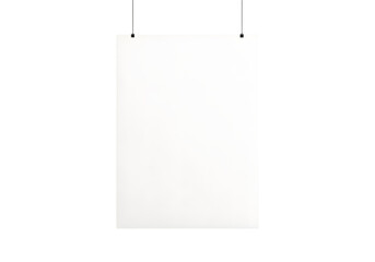 Hanging white poster mockup isolated on transparent background, ideal for designs, artwork, or promotional content with a clean minimalist aesthetic