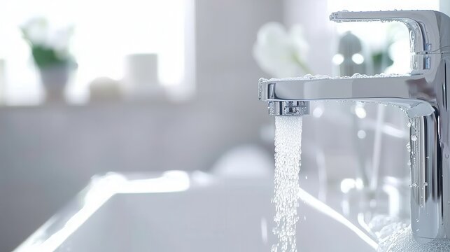Fresh water flowing from modern chrome faucet into clean white bathroom sink. Hygiene, purity, and water conservation.