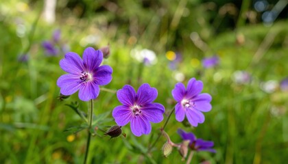 Three vibrant purple wildflowers with delicate petals bloom in a lush green meadow