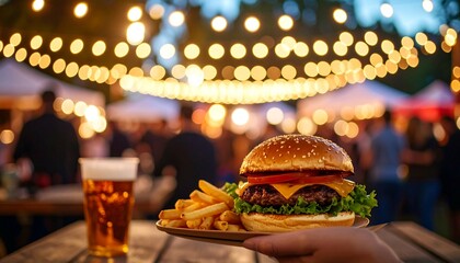 Close-Up of a Juicy Burger and Crispy Fries Fast Food Meal Served at a Festival with Vibrant Atmosphere and Bokeh Lights in the Background