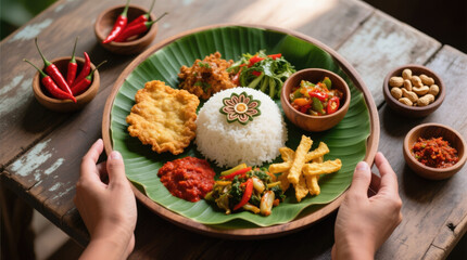A person holding a traditional Indonesian Nasi Campur platter, a delicious and vibrant meal with assorted side dishes served on a banana leaf over a rustic table