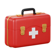 Obraz premium Classic red medical first aid kit with white cross symbol and gold clasps isolated on transparent background
