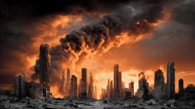 Cityscape apocalypse after destruction, ruined cityscape with fire and smoke, disaster scene