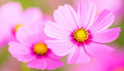 Fototapeta premium Close-up of delicate pink cosmos flowers with yellow centers and soft blurred background