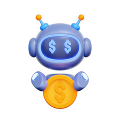 3D icon of a friendly robot holding a dollar coin For robo-advisor, automated savings plan, AI financial assistant, investment bot.