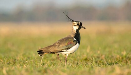 Obraz premium A lapwing bird with a distinctive head crest stands in a grassy field, bathed in soft light