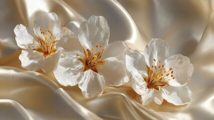 Fototapeta premium Delicate white flowers on a luxurious satin backdrop.