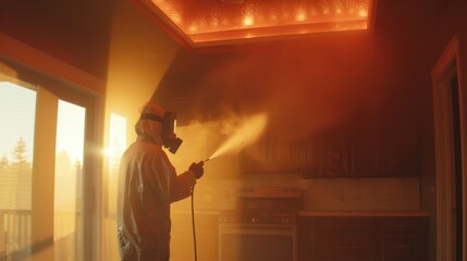 Professional in protective suit spraying mist in a sunlit room, performing disinfection or cleaning service
