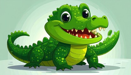 Naklejka premium A cheerful, cartoon crocodile with large eyes, sharp teeth, and a friendly smile against a green background