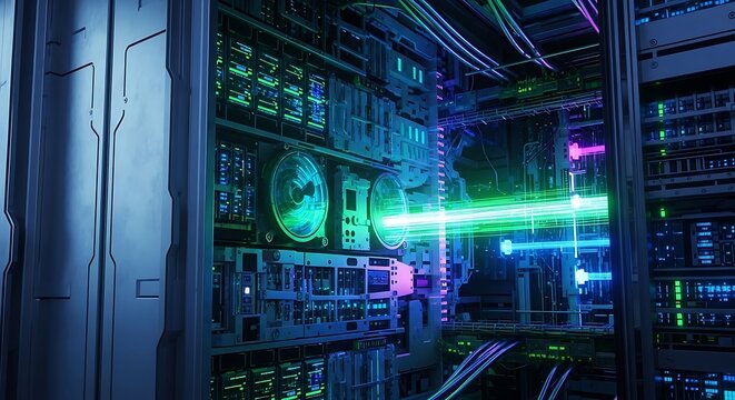 Futuristic server rack, glowing components