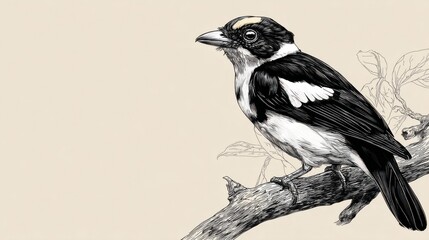 Obraz premium Elegant Black and White Bird Illustration on a Branch
