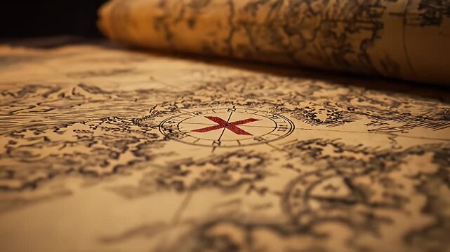 Close-up of a rolled, aged treasure map with a compass rose marking a location, suggesting adventure and discovery.