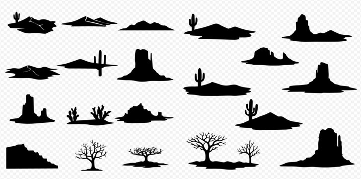 Black silhouettes of diverse desert landscapes, featuring mountains, unique rock formations, various cacti, and barren trees.