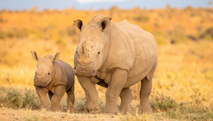 Fototapeta premium An adult rhino and its calf stand together in golden, dry grassland, facing forward