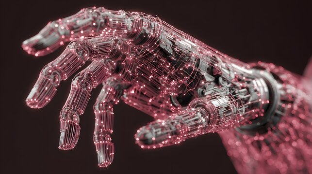 Futuristic robotic hand with glowing red wireframe circuitry and complex mechanical joints.