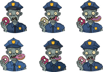 Funny cartoon zombie police officer eating colorful donuts with surprised expressions, humorous Halloween characters, undead law enforcement, spooky comic illustrations
