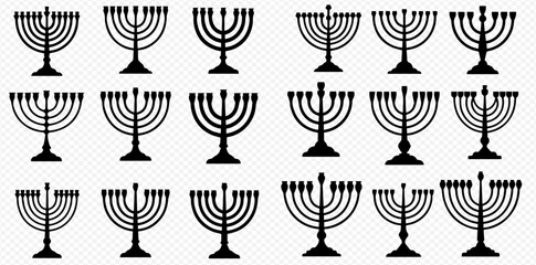 A diverse collection of black Hanukkah menorah silhouettes, showcasing various traditional and modern designs for the Jewish festival.