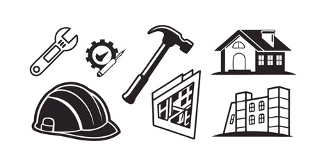  Construction icons set on white background, stock vector