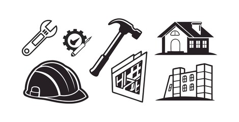 Construction icons set on white background, stock vector