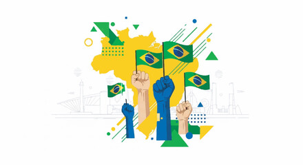 People celebrate brazil independence day with flags and raised fists against a map of brazil in patriotic colors showing national pride.