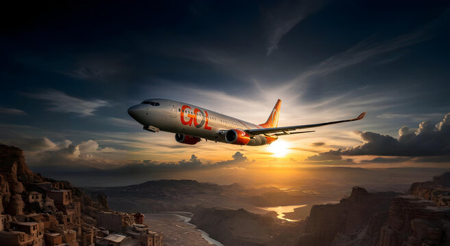 Gol airlines airplane flying over canyon at sunset travel and tourism destination transportation concept