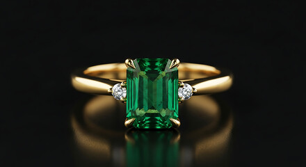 Close up of a gold ring with a green emerald and two diamonds on a dark reflective surface