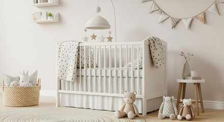 Obraz premium A bright nursery with a white crib, stuffed animals, and decorative elements in a minimalist style
