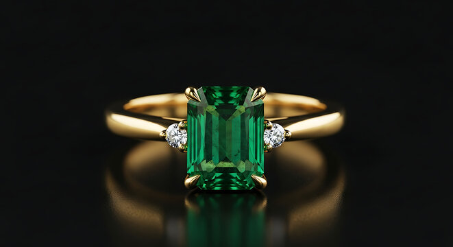 Close up of a gold ring with a green emerald and two diamonds on a dark reflective surface