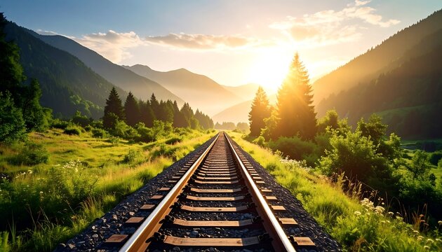 Sunset Railway Through Mountains.