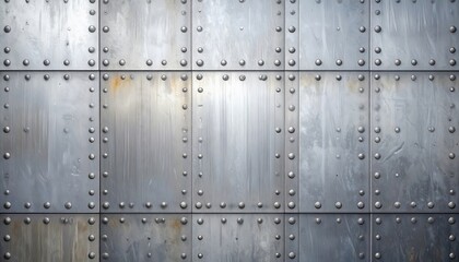 Weathered riveted metal panels, evoking industrial or nautical themes, showing signs of age and wear