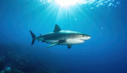 Fototapeta premium A shark swims gracefully in sunlit blue ocean waters above a coral reef
