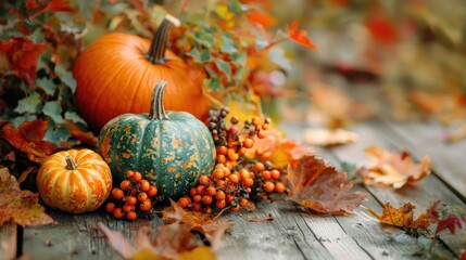 Three pumpkins and berries on a wooden table with autumn leaves.